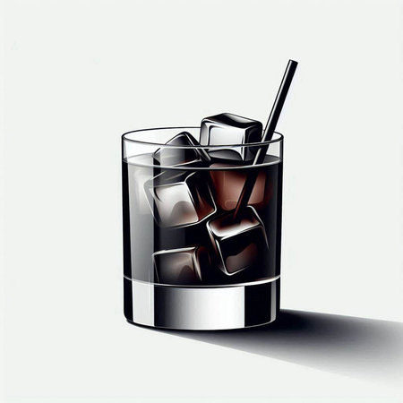 Glass of cola with ice cubes and straw on a white backgroundのイラスト素材