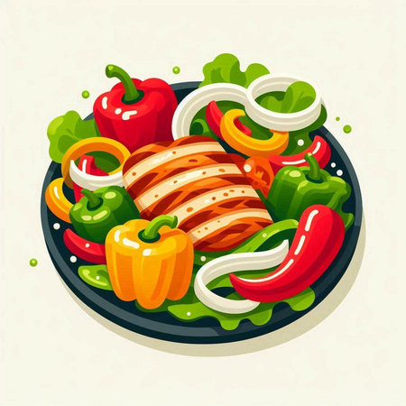 Salad with grilled chicken and vegetables. Vector illustration in cartoon styleのイラスト素材