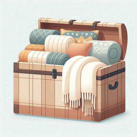 Illustration of a wooden chest full of pillows and blankets.のイラスト素材