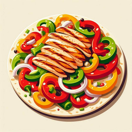Illustration of a plate with grilled chicken fillet with vegetables.のイラスト素材