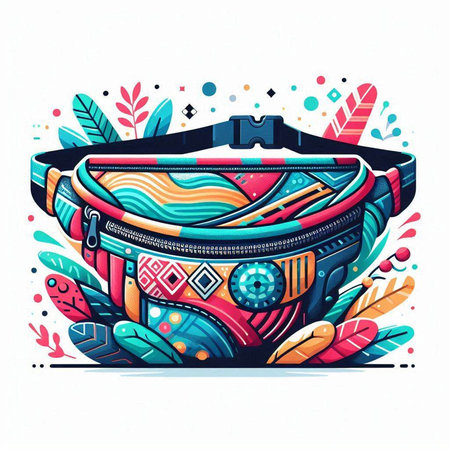 Hand drawn vector illustration of a stylish handbag with colorful elements.のイラスト素材