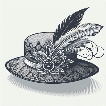 Vintage hat with feathers and flowers. Hand drawn vector illustration.のイラスト素材