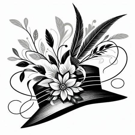 Illustration of a hat with feathers and flowers on a white backgroundのイラスト素材