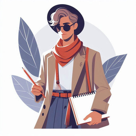 Vector illustration of a stylish man in a hat, coat and glasses with a notebook in his hands.のイラスト素材