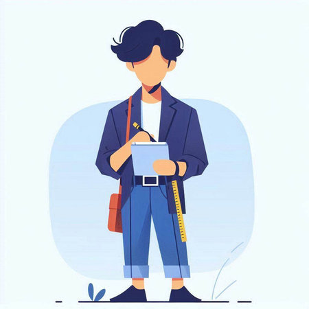 Vector illustration of a young man with a ruler and a notebook.のイラスト素材