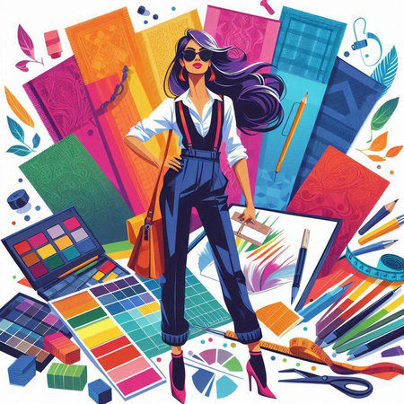 Beautiful young woman with long hair in a stylish overalls and sunglasses stands near the set of decorative elements. Vector illustration.のイラスト素材