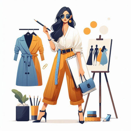 Fashionable girl in sunglasses standing near the easel. Vector illustrationのイラスト素材