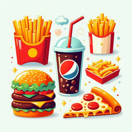 Fast food icons set. Hamburger, cheeseburger, french fries, soda, pizza. Vector illustrationのイラスト素材