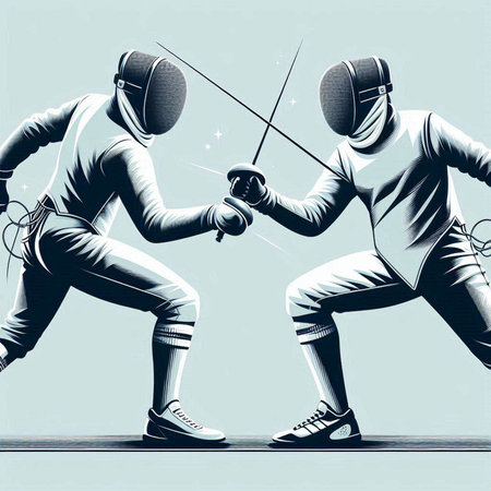 Fencing duel illustration in retro style with a man wearing fencing costumeのイラスト素材