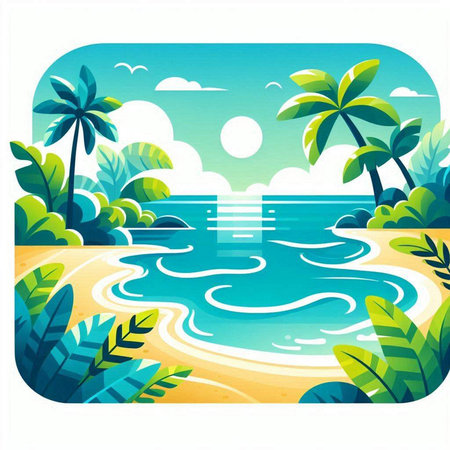 Tropical beach with palm trees and sea, vector illustration.のイラスト素材