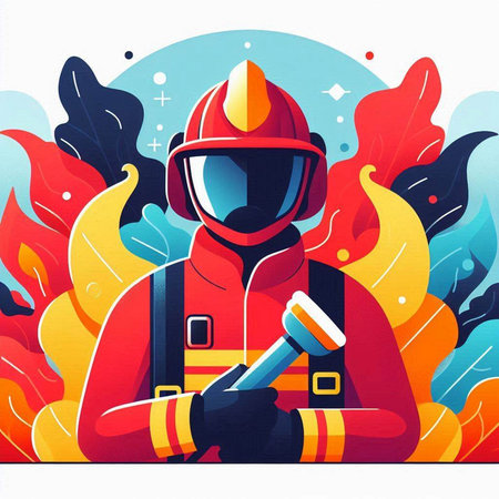 Firefighter with helmet and axe on fire background. vector illustration.のイラスト素材