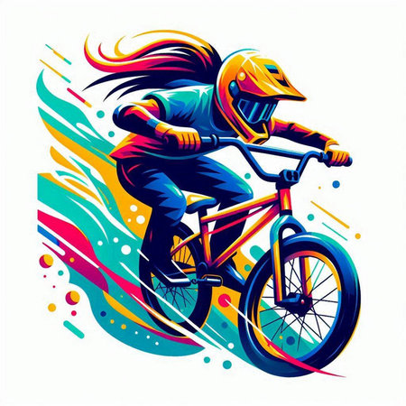 Cyclist with helmet and bike on colorful background, vector illustrationのイラスト素材