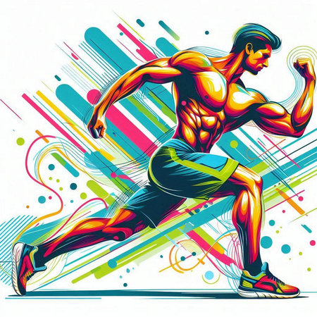Vector illustration of a muscular man running on colorful background. Sport and fitness.のイラスト素材