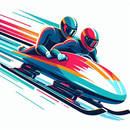 Bobsleigh riders with helmets and skis. Vector illustration.のイラスト素材