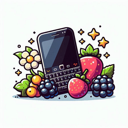 Smartphone with fruits and berries. Vector illustration on white background.のイラスト素材