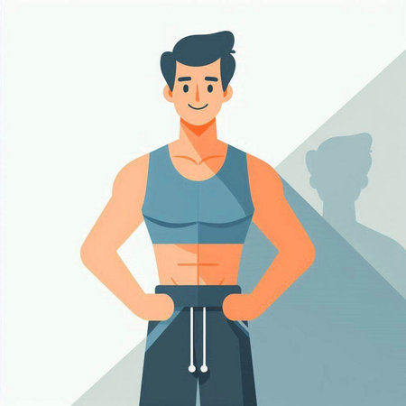 Young man in sportswear standing with arms akimbo. Vector flat illustrationのイラスト素材
