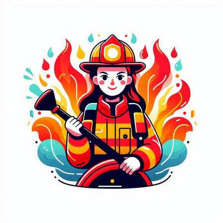 Firefighter girl with a balalaika on fire background. Vector illustration.のイラスト素材