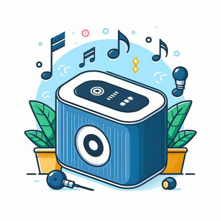 Music speaker with headphones and notes on white background. Vector illustration.のイラスト素材