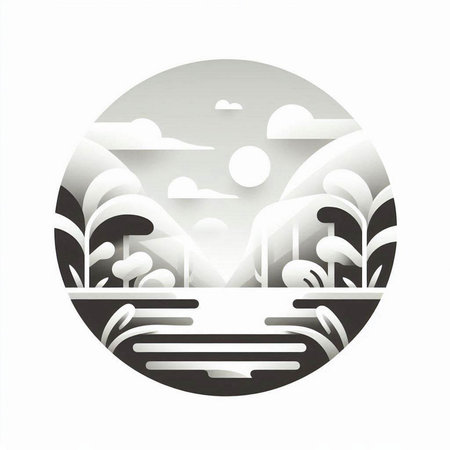 Illustration of a stylized landscape with trees and clouds in a circleのイラスト素材