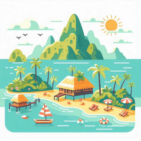 Vector illustration of tropical island with palm trees and bungalows.のイラスト素材