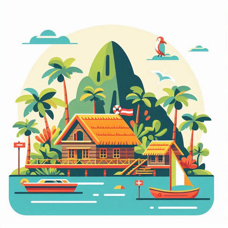 Bungalows on the island. Vector illustration in flat styleのイラスト素材