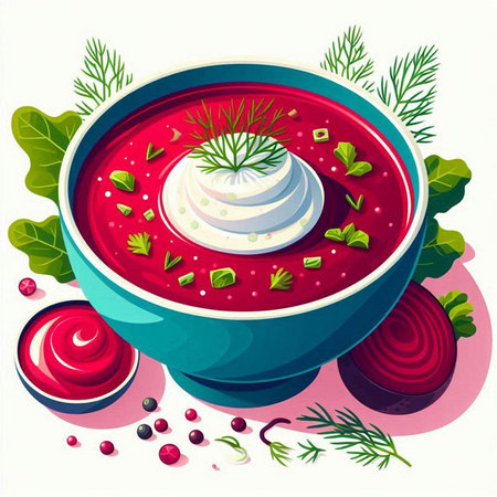 Vector illustration of a bowl of borscht with sour cream and dillのイラスト素材