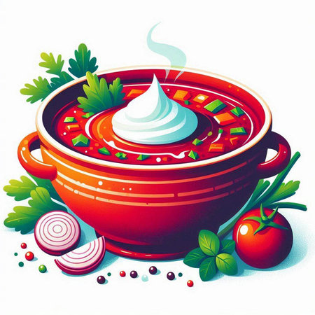 vector illustration of a bowl of red soup with sour cream and vegetablesのイラスト素材