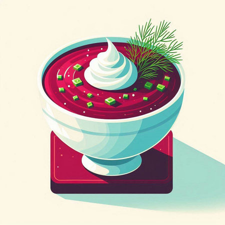 Vector illustration of a bowl of borscht with sour cream and dillのイラスト素材