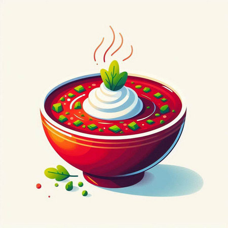 Vector illustration of a bowl of tomato soup with sour cream and herbsのイラスト素材