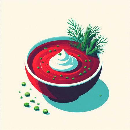 Vector illustration of a bowl of tomato soup with sour cream and dillのイラスト素材