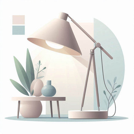 Table lamp and vase with plant. Vector illustration in flat styleのイラスト素材