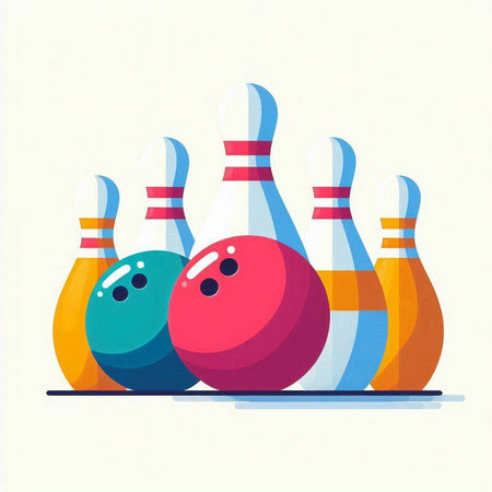 Bowling game vector illustration. Colored skittles and bowling pins.のイラスト素材