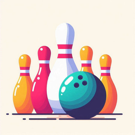 Bowling pins and bowling ball vector illustration. Flat style design.のイラスト素材