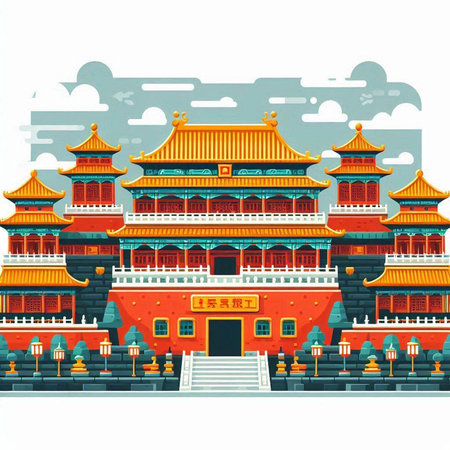 Vector illustration of Chinese ancient temple in flat style. Vector illustration.のイラスト素材