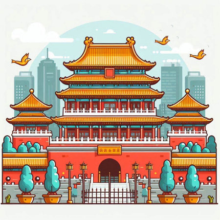 Chinese ancient building in Shanghai, China. Vector illustration in flat style.のイラスト素材