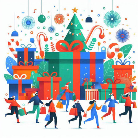 Merry Christmas and Happy New Year. People with shopping bags and gift boxes. Vector illustration.のイラスト素材