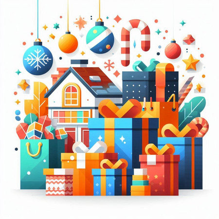 Christmas and New Year background with gift boxes and decorations. Vector illustration.のイラスト素材