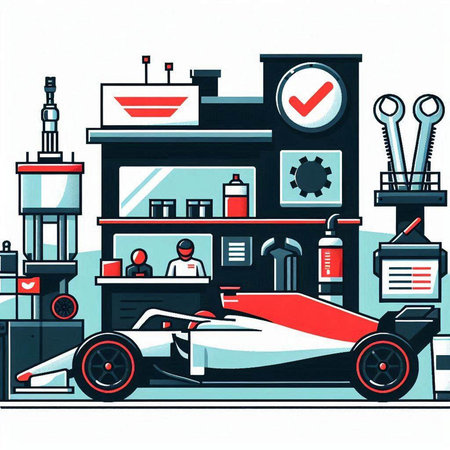 Vector illustration of a racing car in a garage. Auto service.のイラスト素材