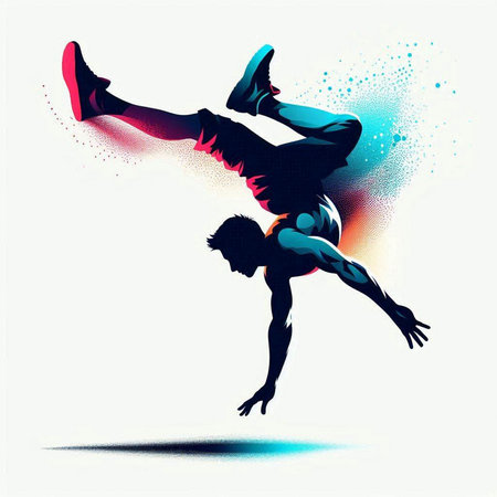 illustration of a silhouette of a breakdancer in a jumpのイラスト素材