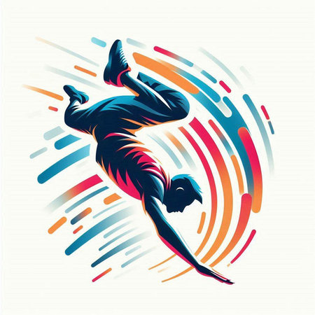 Abstract silhouette of a man jumping on a colored background. Vector illustration.のイラスト素材