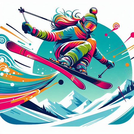 Vector illustration of a skier jumping in the mountains. Colorful background.のイラスト素材
