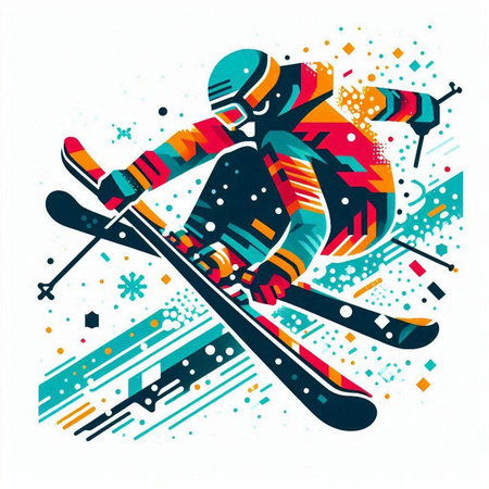 Vector illustration of skier in action. Colorful abstract background.のイラスト素材