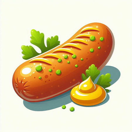 Illustration of a grilled sausage with parsley and mustard on a white backgroundのイラスト素材