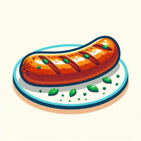Sausage on a plate. Vector illustration of grilled sausage.のイラスト素材