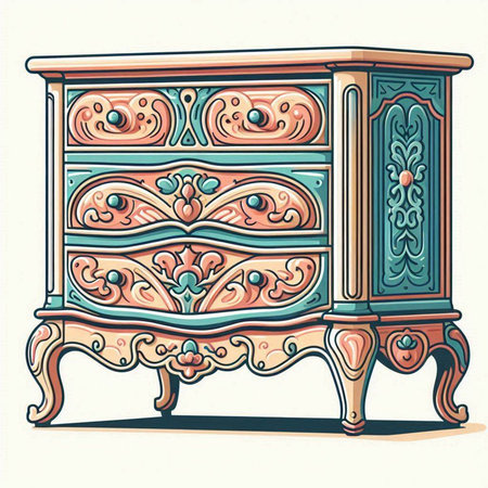 Illustration of a wooden chest of drawers with a floral patternのイラスト素材