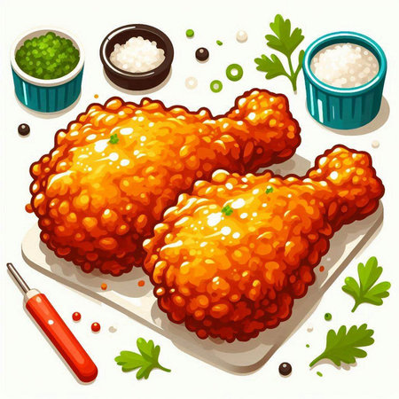 Fried chicken drumsticks with spices and herbs. Vector illustration.のイラスト素材