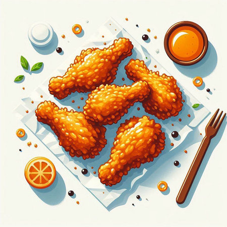 Fried chicken wings on a white plate. Top view. Vector illustration.のイラスト素材