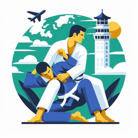 Taekwondo training on the beach. Vector illustration in cartoon styleのイラスト素材