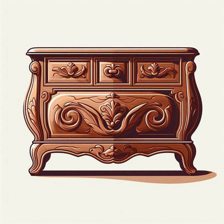 Vintage wooden chest of drawers with carved ornament. Vector illustration.のイラスト素材