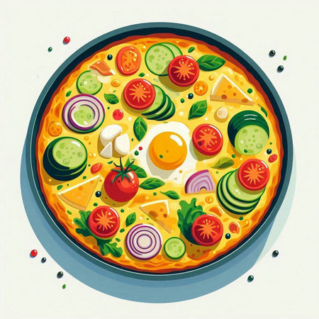 Pizza with egg, tomato, cucumber and onion. Vector illustration.のイラスト素材
